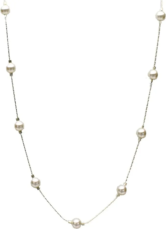 Women's Sterling Silver Chain Station Scatter Illusion Necklace Crystal Simulated Pearls