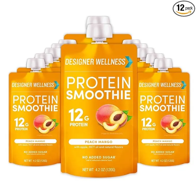 Designer Wellness Protein Smoothie, Real Fruit, 12g Protein, Low Carb, Zero Added Sugar, Gluten-Free, Non-GMO, No Artificial Colors or Flavors, Peach Mango, 12 Count