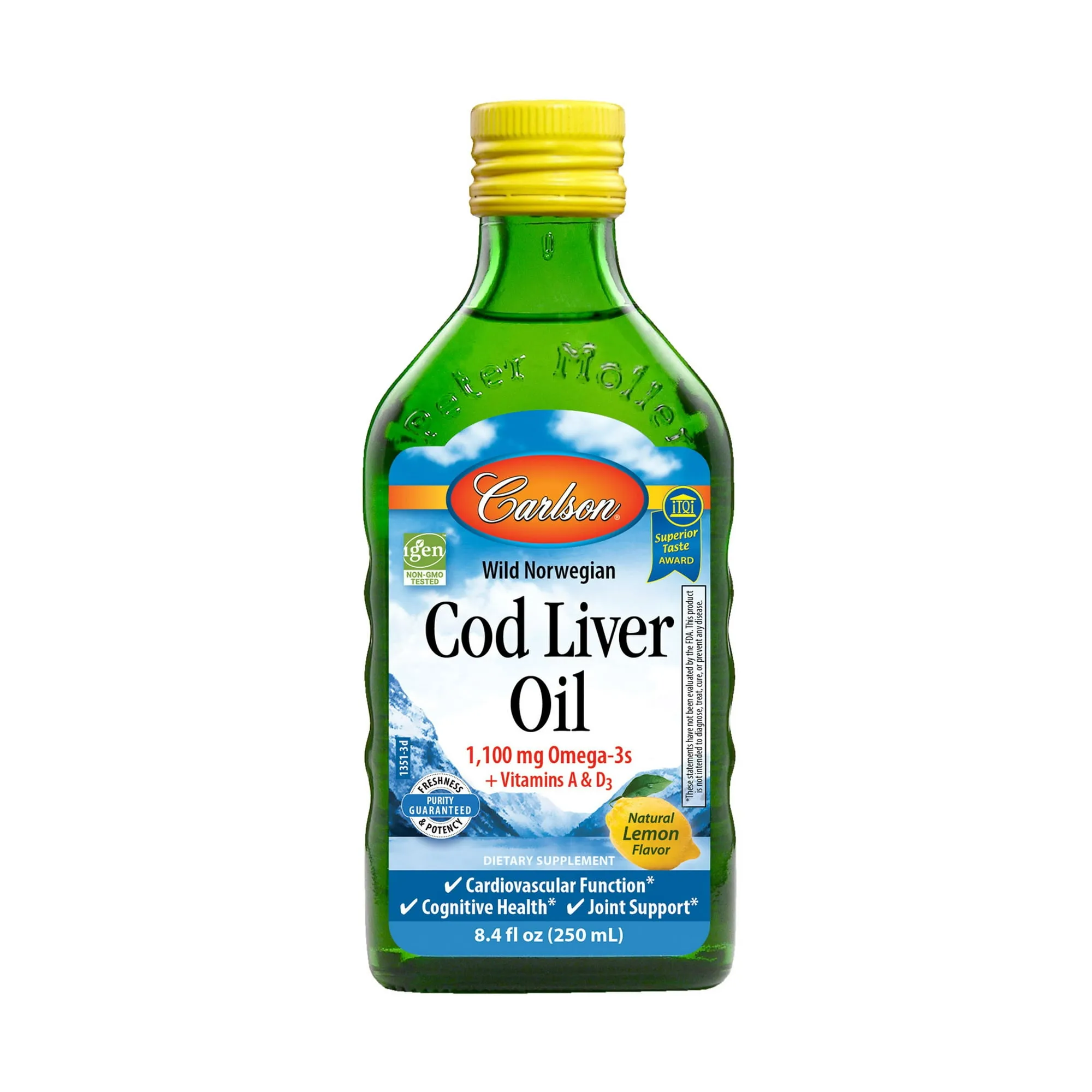 Carlson 1100 mg, 8.4 fl oz Omega-3 Wild Norwegian Cod Liver Oil + Vitamin A & D3 Liquid, Lemon