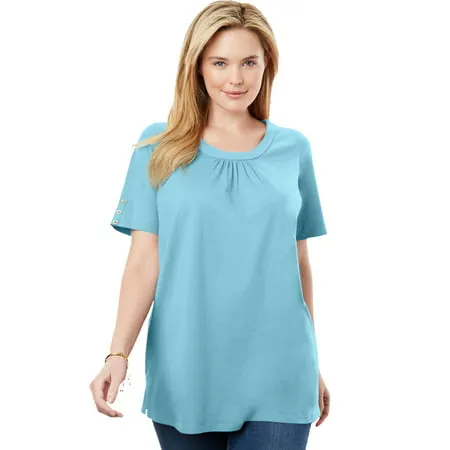 Woman Within Women s Plus Size Perfect Button-Sleeve Shirred Scoop-Neck Tee Shirt