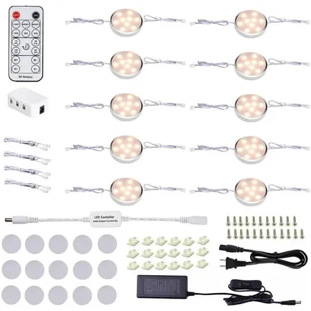 LED Dimmable Under Cabinet Lighting Kit 10 Pack Linkable Puck Lights with Remote Control Hardwired Cabinet Lights with Timer for Kitchen Counter Wardrobe Bookcase (Warm White)