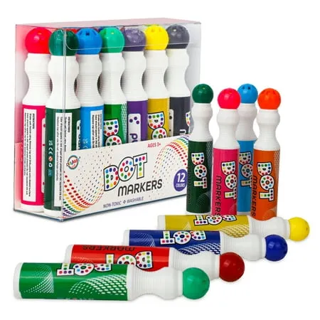 Playkidiz Washable Dot Markers for Toddlers, Paint Marker Art Set, 12 Colors (40ml 1.35oz) Water Based Non-Toxic Bingo Daubers for Kids