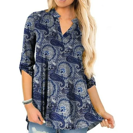 Niuer Women Roll Up Long Sleeve Shirts Casual Loose Fit Blouse Short Sleeve Ruffle Button Up Tunic Tops Paisley Flare Henley T-Shirts