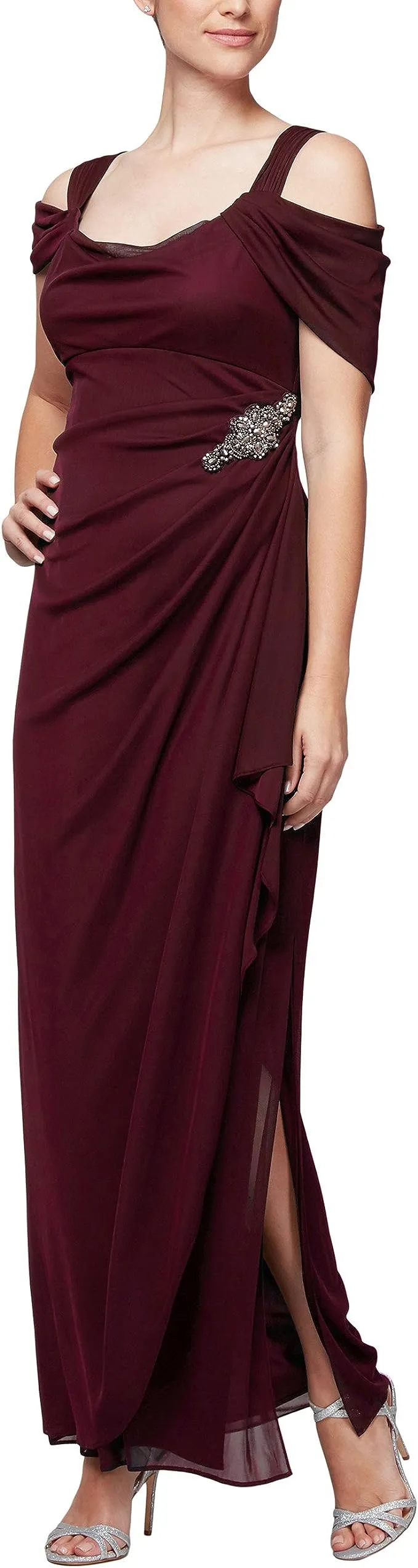 Alex Evenings Petite Size Cowl Neck Cold Shoulder Long Gown - Wine 12p