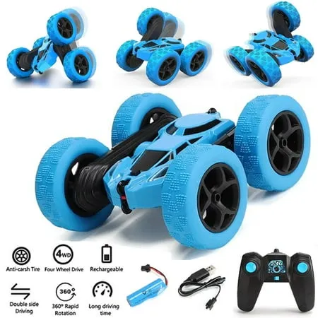 Remote Control Car 2.4GHz Race Stunt Car Double Sided 360° Rolling Rotating Rotation RC 4WD High Speed off Road for 3 4 5 6 7 8-12 Year Old Boy Toys Blue