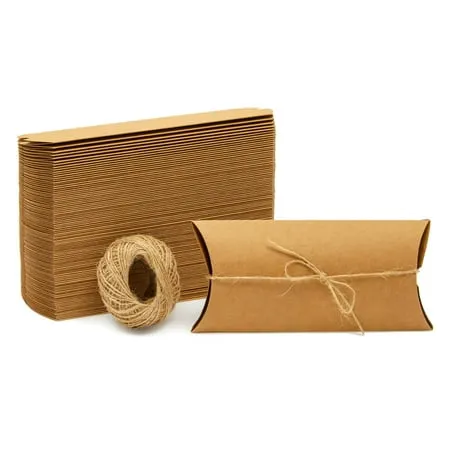 Juvale 100-Pack Pillow Boxes with Jute Twine - Kraft Paper Pillow Box for Jewelry, Wedding Party Favor, Pen, Gift Card (7.5x3.7 in)