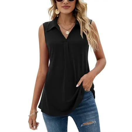 ZHENWEI Summer Sleeveless Tops for Women V Neck Casual Tank Tops Loose Solid Collar Polo Shirts