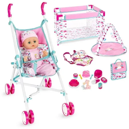 Best Choice Products Kids 15-Piece 13.5in Newborn Baby Doll Nursery Role Play Playset w/Stroller, Travel Cot, Play Mat, Travel Bag, Carrier, Seat, Accessories