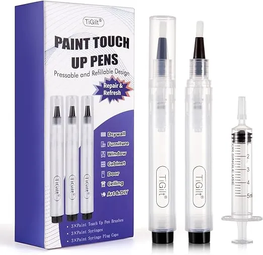 Paint Touch Up Pens Pressable Fillable Touch Up Paint Pens For Walls Furniture Cabinet Window Door Crafts Refillable Paint Pen Touch Ups Kit. Easy, Ready to Use, 3-Pack