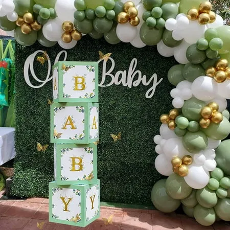 Baby Shower Decorations Sage Green Balloon Boxes, Boy Girl Baby Blocks with Baby Letters for Baby Shower Decor Backdrop, Gender Reveal Decorations