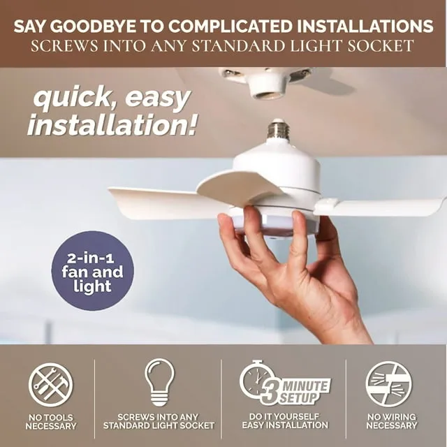 Socket Fan Light AS SEEN ON TV, Warm Light 1000 Lumens Ceiling Fan with Light and Remote Screws into Light Socket for Easy Light Bulb / Ceiling Fan Replacement with 3 Fan Speeds and 3 Light Settings