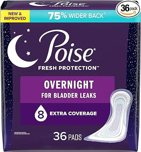 Poise Incontinence Overnight Extra Coverage Pads, 8 Drop, 36 Count