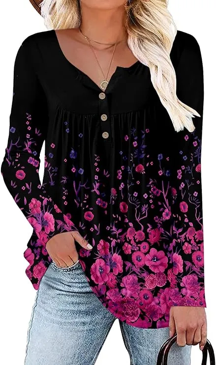 Niuer Women Roll Up Long Sleeve Shirts Casual Loose Fit Blouse Short Sleeve Ruffle Button Up Tunic Tops Paisley Flare Henley T-Shirts