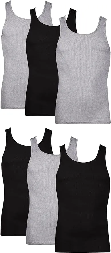 Hanes Men's Cotton Tank Top Undershirt, Black/Grey, 6-Pack Assorted L