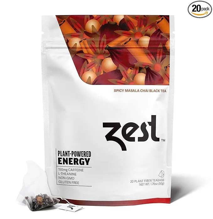 Zest 150mg High Caffeine Energy Leaf Blend - Spicy Masala Chai Black Tea - 20 Pack Bag - All Natural Strong Flavored Healthy Coffee Alternative Highly Caffeinated Substitute - Perfect for Keto Diet