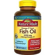 Nature Made Omega 3 Fish Oil 1200 mg, Fish Oil Supplements as Ethyl Esters, Omega 3 Fish Oil for Healthy Heart, Brain and Eyes Support, One Per Day, Omega 3 Supplement with 100 Softgels