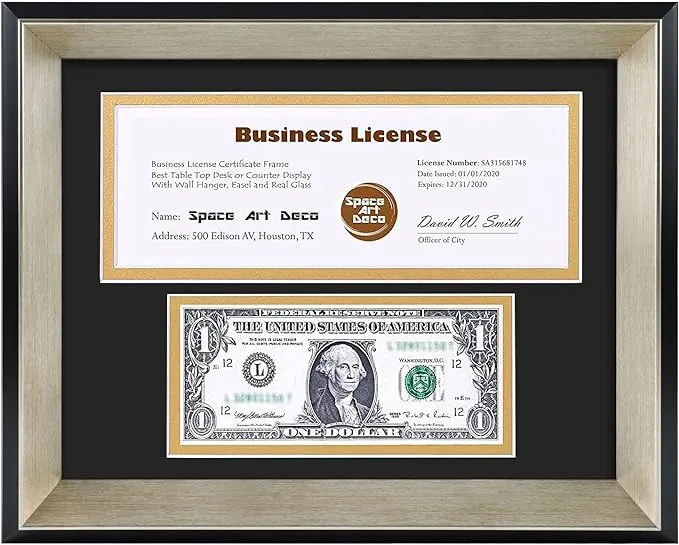 Space Art Deco, 8.5x11 Business License Frame, Black Over Gold Double Mat with Dollar & 4x9 Business License Openings, Easel Stand, Sawtooth Hanger (Dark Brown Textured)