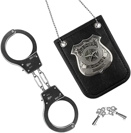 JoFAN Insignia de policía y esposas, juguetes de policía, juego de rol para niños y niñas, accesorios de disfraces de Halloween, regalos, golosinas, suministros de recuerdos de fiestaJoFAN Insignia de policía y esposas, juguetes de policía, juego de rol 