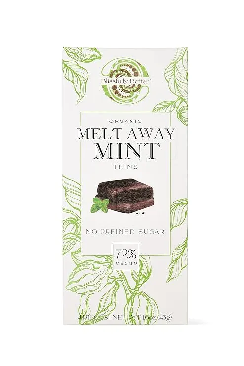 Blissfully Better Chocolate - USDA Organic Vegan Dark Chocolate Mint Thins - Low Sugar | Handcrafted | Gourmet | Gift | Snack | Non-GMO | Fair Trade | Paleo Friendly (4,1.6 oz packs)