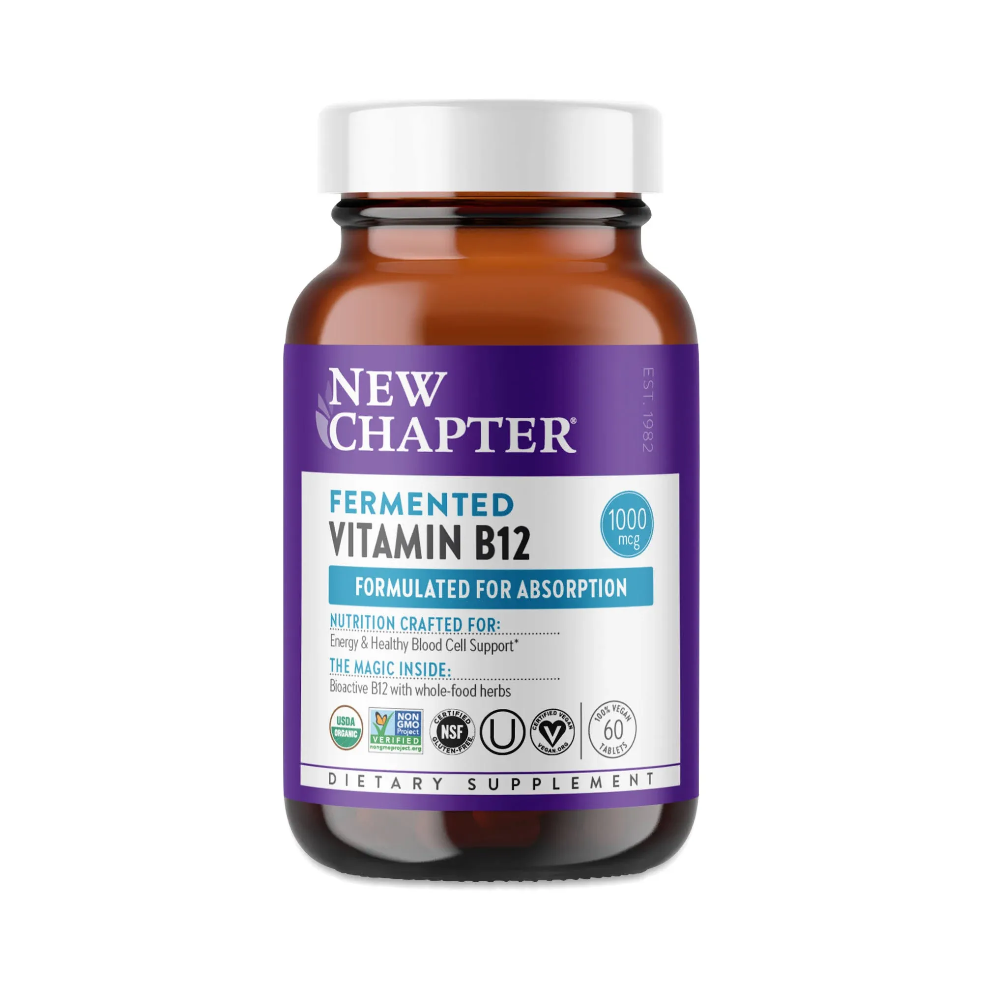 New Chapter Fermented Vitamin B12 1,000 mcg, USDA Organic, ONE Daily for Cellular Energy + Healthy Blood Cells, Certified Vegan, Gluten Free - 60 Count