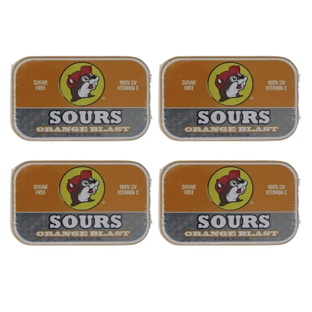 Buc-Ees Sugar Free Orange Blast Sours Flavored Breath Mints Gluten Free Vegan Four Tins of 50 Mints 200 Mints Total