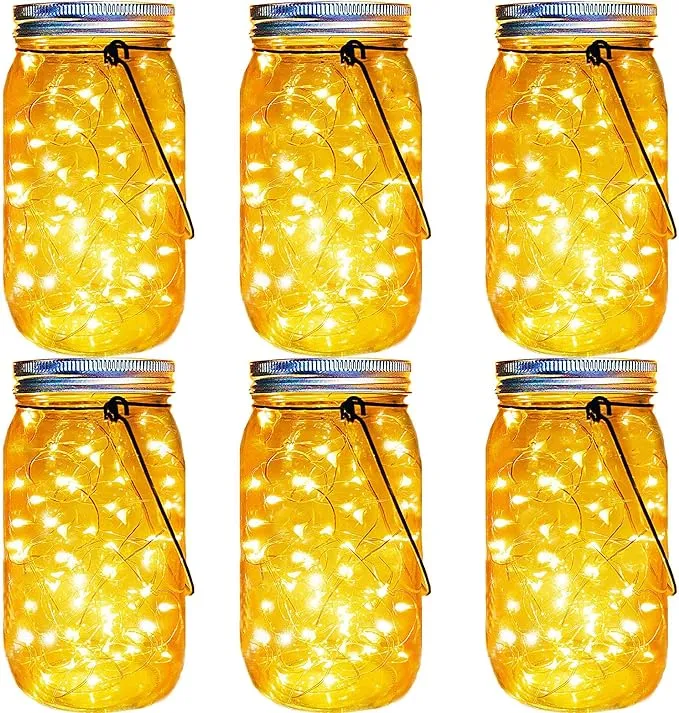 Solar Mason Jar Lights 30 Led,6 Pack Large-Size Solar Hanging Glass Jar Starry Fairy Lights,Solar Lanterns for Outdoor Patio Party Garden Decor Lights (Jars and Handles Included)