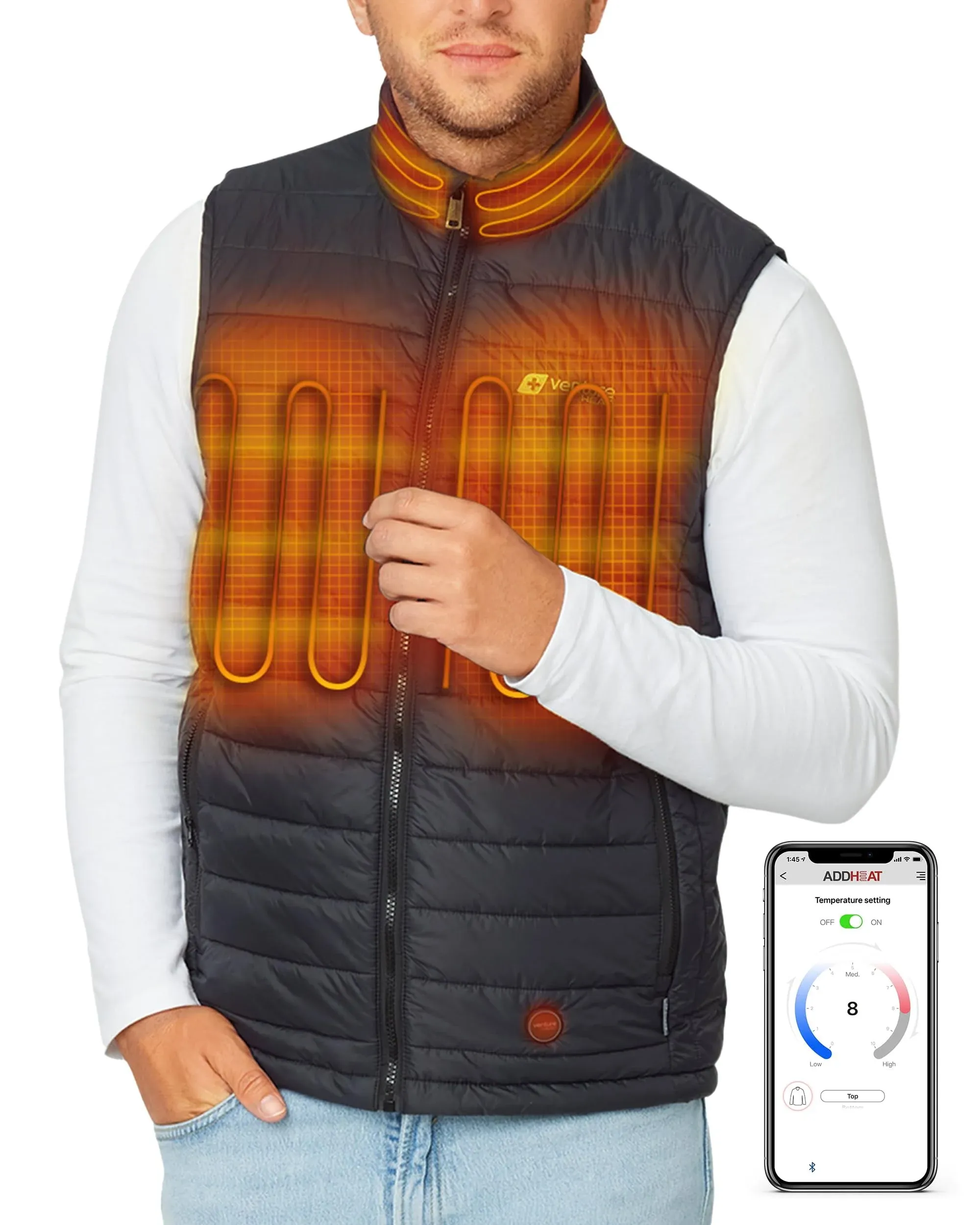 Venture Heat Men's Bluetooth Heated Vest with Battery Pack Included - App Control Insulated Puffer 7.4V