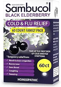 Sambucol Cold and Flu Relief Tablets - Homeopathic Cold Medicine, Nasal & Sinus Congestion Relief, Use for Runny Nose, Sore Throat, Coughing, Cold Remedy for Adults - Black Elderberry, 60 Count