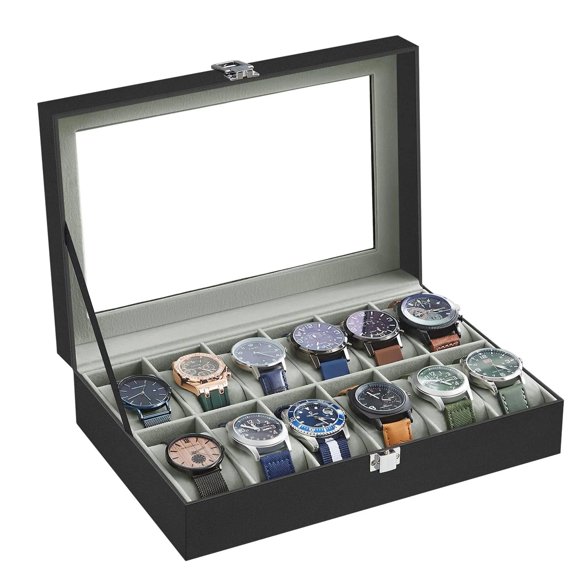 SONGMICS 12 Slots Watch Box with Glass Lid, Black + Gray