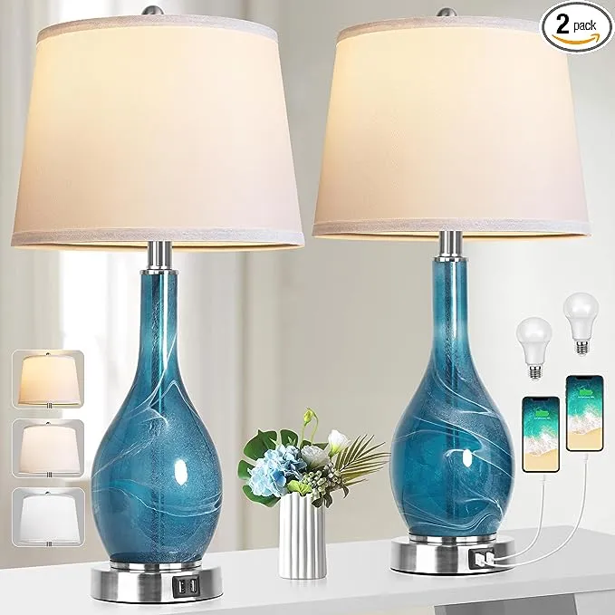 22" Pineapple Table Lamps Set of 2, 3 way Dimmable Ceramic Table Lamp for living room, Navy Blue Modern Table Lamp with USB Port, Tall Coastal Table Lamps for Bedroom, Home Office, Bulbs Included, 9W