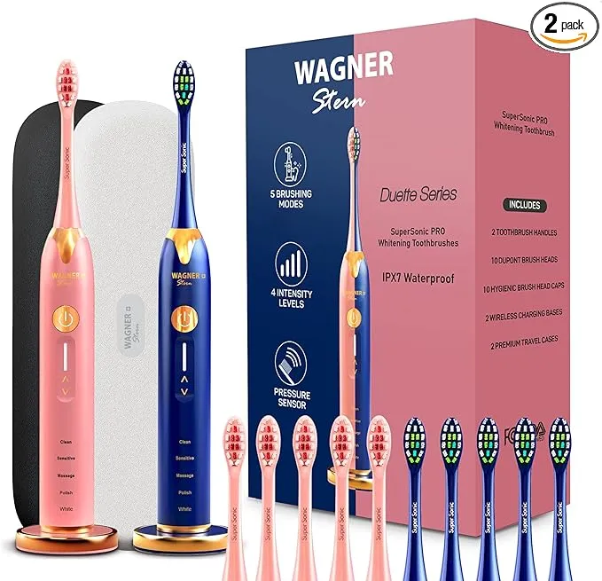 Wagner & Stern. Duette Series. 2 Electric Toothbrushes with Pressure Sensor. 5 Brushing Modes and 4 Intensity Levels, 10 Dupont Bristles, 2 Premium