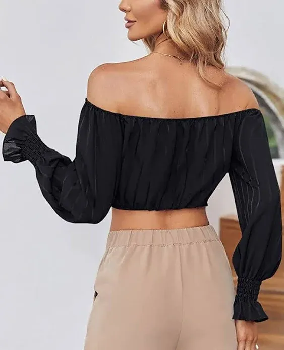 MIRACMODA Womens Elegant Off The Shoulder Puff Sleeve Blouse Summer Chiffon Slim Fit Party Crop Top