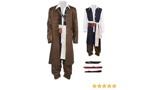 Adult Captain Jack Sparrow Cosplay Costume Suit Mens Pirates Uniform Coat Caribbean Halloween Outfit Jacket Shirt Pants (Brown, Large)