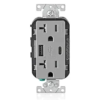 Leviton T5833-GY Type A & Type-C USB In-Wall Charger with 20A Tamper-Resistant Outlet, USB Charger for Smartphones and Tablets. Not for Laptops, Gray