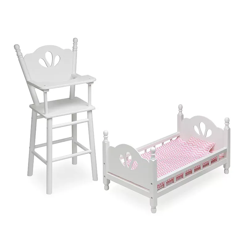 English Country Doll High Chair and Bed Set with Chevron Bedding - White/Pink