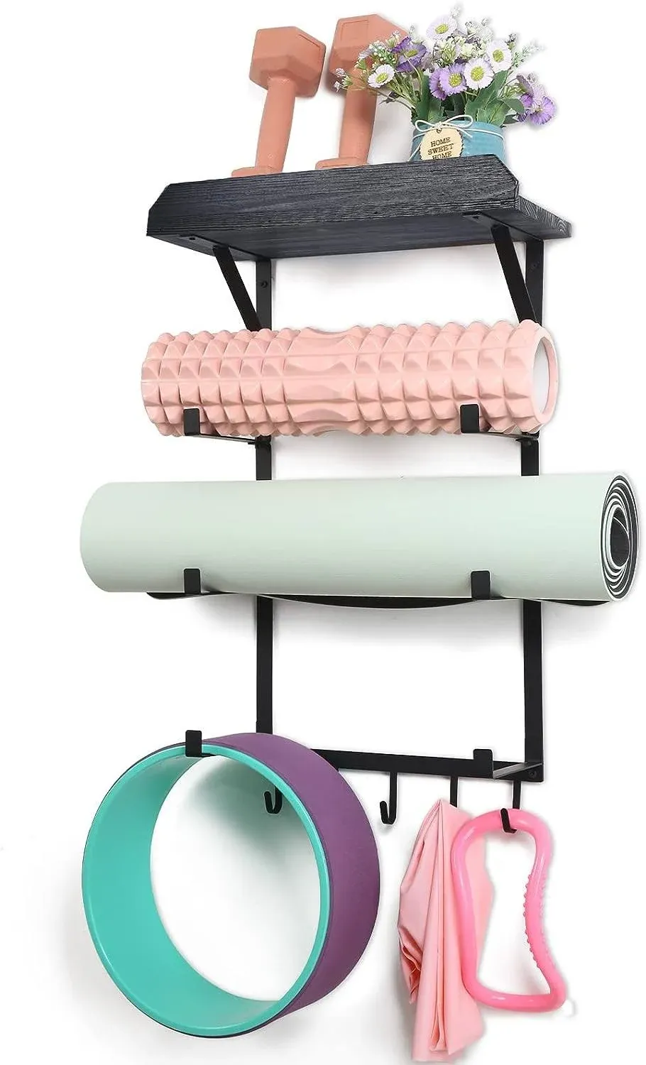 DOCMON Yoga Mat Holder, Wall Mount Yoga Mat Rack Home Gym Accessories, Storage for Foam Roller, with Wood Floating Shelves and 5 Hooks for Hanging