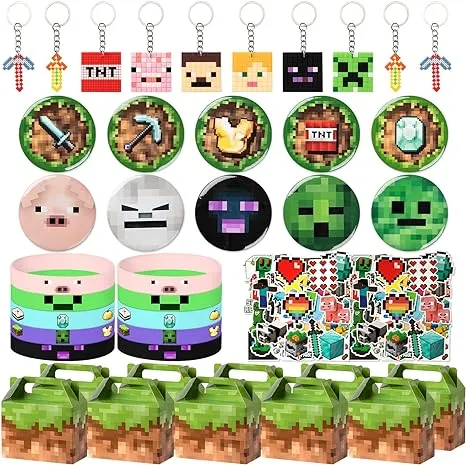 Pixel Style Birthday Party Supplies,90pcs Miner Theme Party Decorations Set,Include 10 Button Pins,10 Silicone Wristbands,10 Key Chains,10 Gift Boxes for Kids and 50 Stickers,Best for Fill Up the Goodie Bags for Miner Themed Party Favors