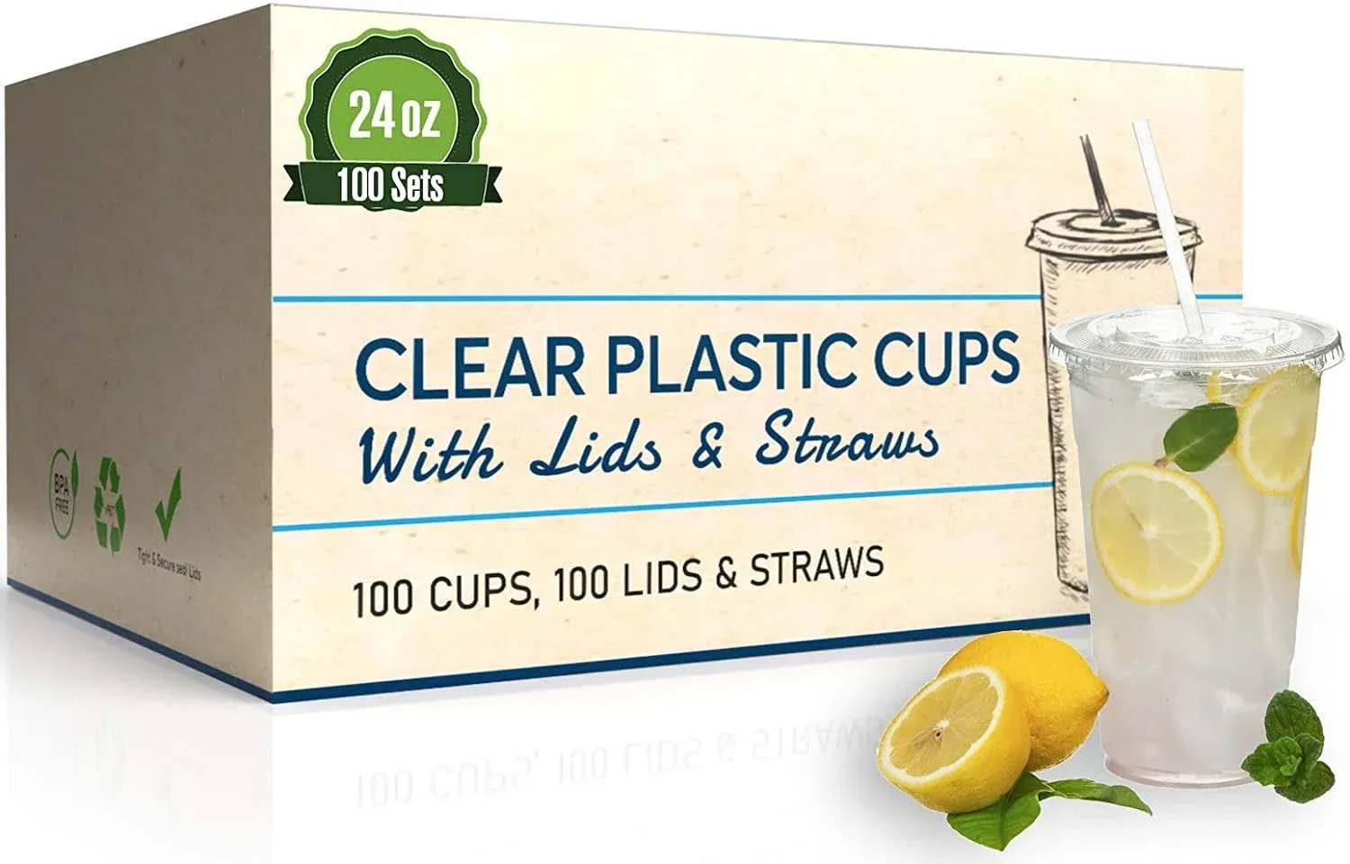 SafeWare Clear Disposable Plastic Cups 24oz with Flat Lids and Straws, Togo Disposable Iced Coffee Cups - Ideal for Party, Outdoor Picnic, BBQ, House Party, Restaurant Quality - 100 Sets