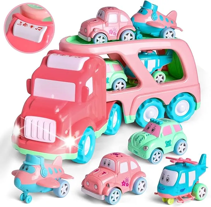 FUN LITTLE TOYS Truck Toys for Kids 2-4, Kids Toys Girls Age 2 3 4 5, Toddler Princess Girl Toys Carrier Truck with Cars and Planes, Christmas Gifts for Toddler for 2 3 4 5 Year GIrls