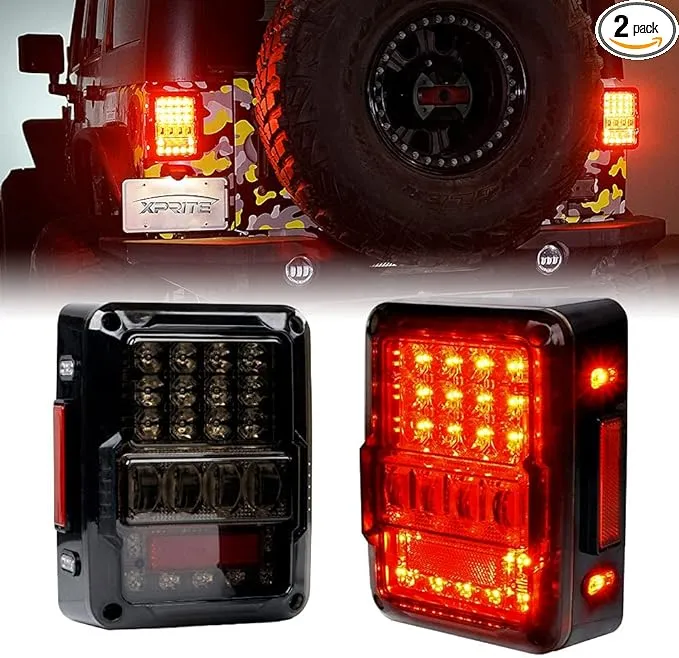 Xprite 4D Smoked LED Tail Lights Fit 2007-2018 Jeep Wrangler JK JKU Sahara/Rubicon/Sport, Plug & Play Rear Taillights w/Built-in Resistors, Parking, Brake, Turn Signal & Reverse Lights, DOT Approved