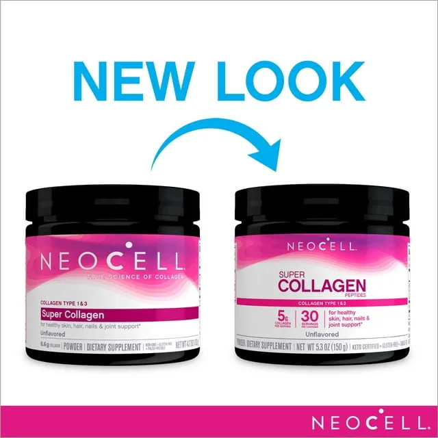 NeoCell Super Collagen Powder, 10g Collagen Peptides per Serving, Gluten Free, Keto Friendly, Non-GMO, Grass Fed, Paleo Friendly, Healthy Hair, Skin, Nails & Joints, Unflavored, 14 Oz