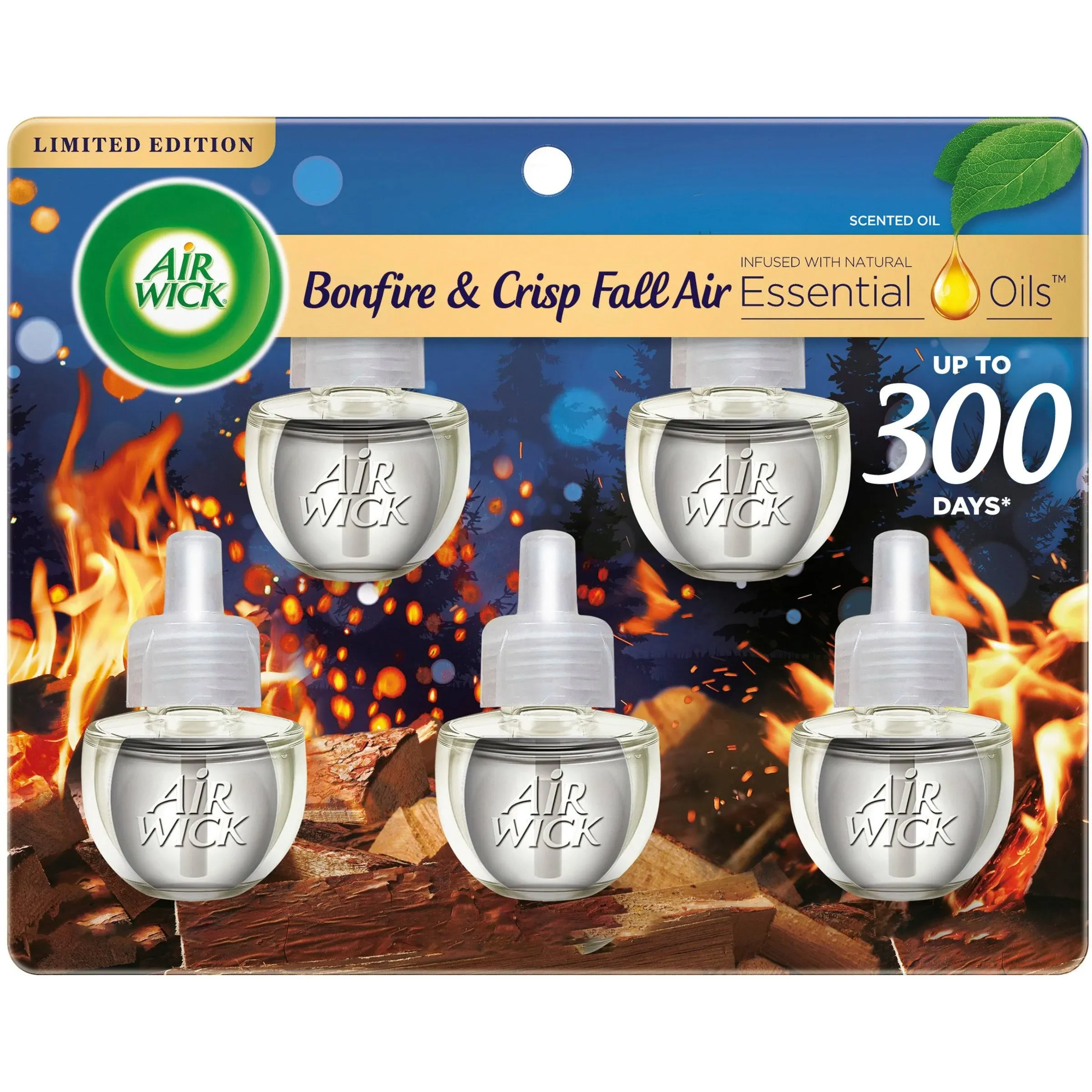 Air Wick Plug in Scented Oil Refill, 5ct, Bonfire and Crisp Fall Air, Essential Oils, Air Freshener Fall Scent, Fall décor