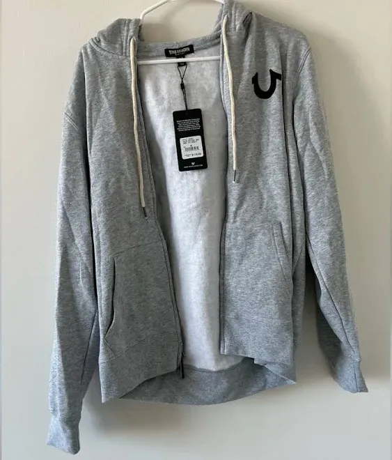 True Religion Men's Classic Logo Zip Up Drawstring Hoodie - Heather Grey - Size M