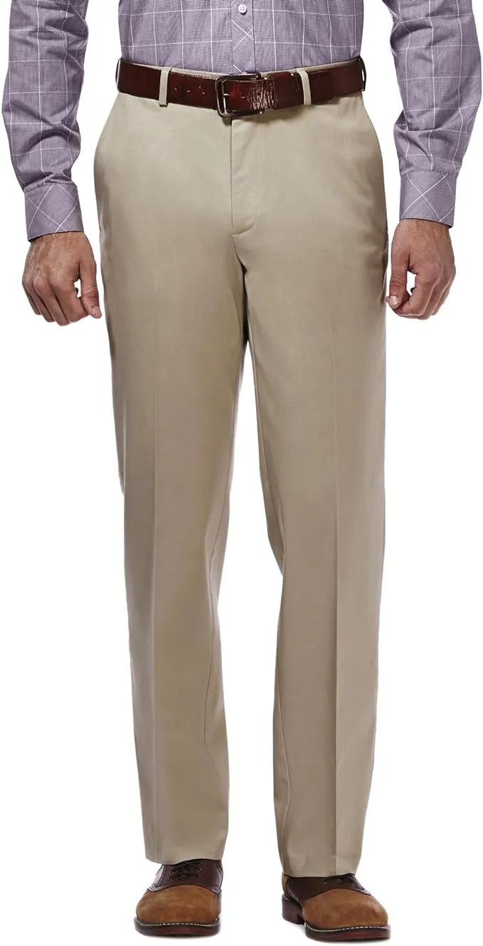 Haggar Men’s Premium No Iron Khaki Stretch Classic Fit Flat Front Expandable Waist Pants, Dark Beige