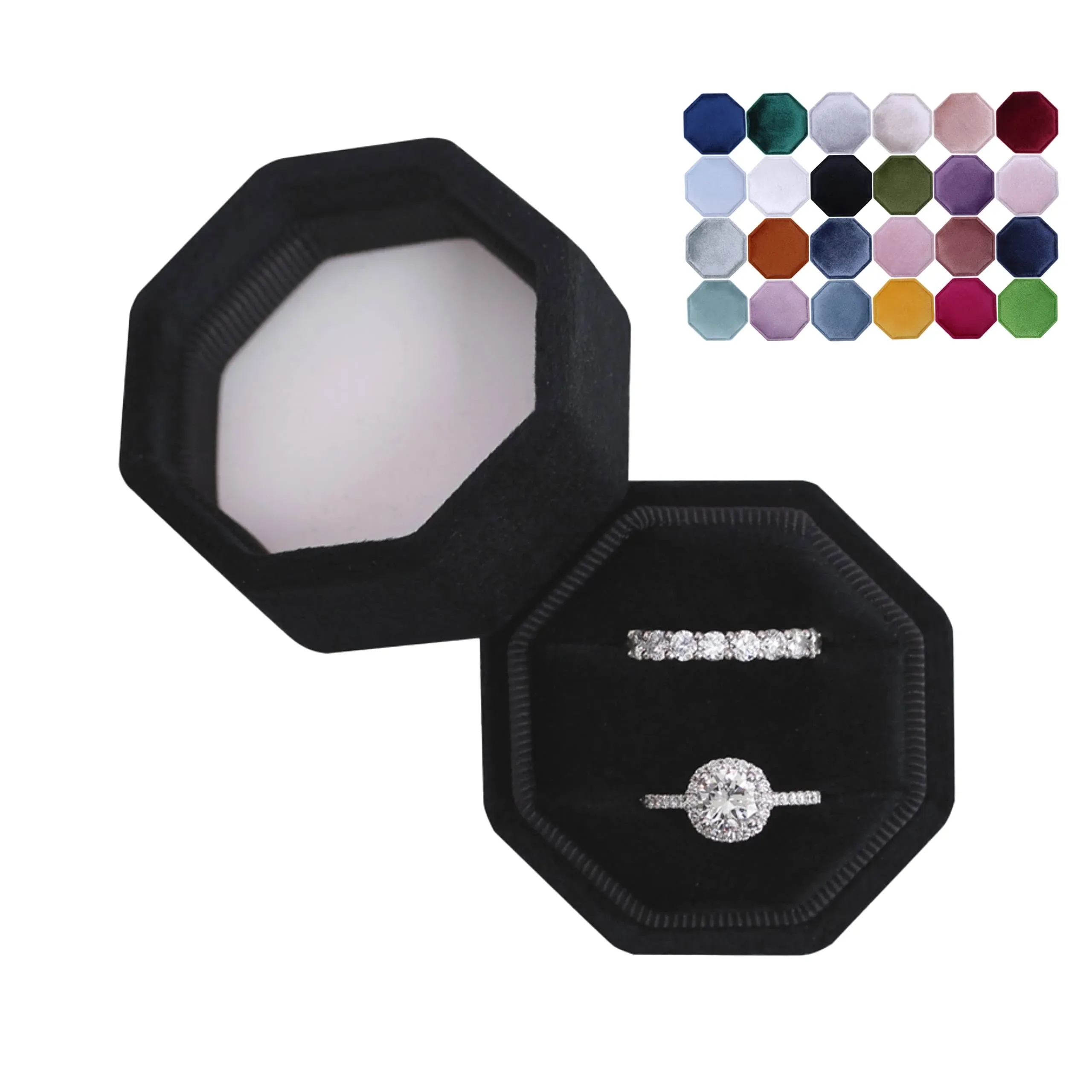 BLUTETE Velvet 2 Slots Jewelry Ring Box Engagement Wedding Box Keepsake Box Bridal Photo Ring Double Slots Octagon (Pure White)