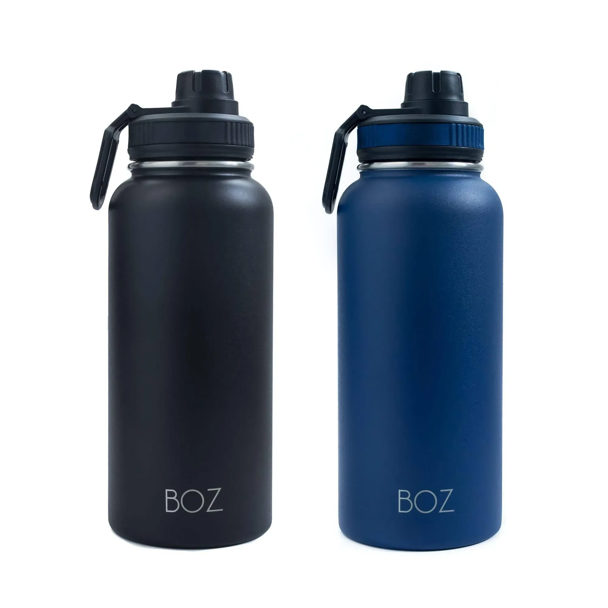 BOZ Stainless Steel Water Bottles 2 Pack Bundle - Blue Water Bottle + Black Water Bottle - Vaccum Insulated Water Bottles 32 Oz - Wide Mouth BPA Free Sport Water Bottles for Gym with Spout Lid