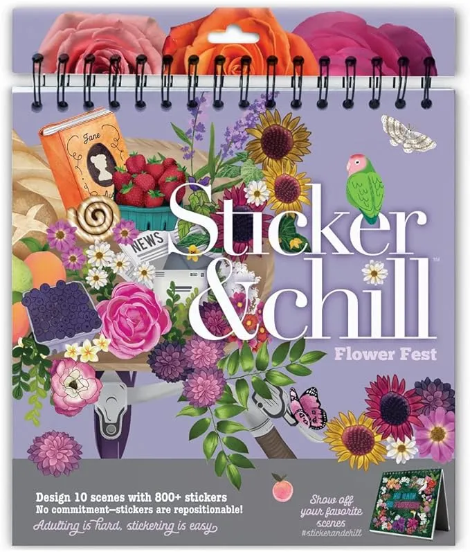 Sticker & Chill Sticker Book for Adults – 800+ Repositionable Colorful Clings Create Designs on 10 Spiral Bound Scene Pages – Easy, Fun & Stress Relieving Relaxation Activity – Flower Fest Series