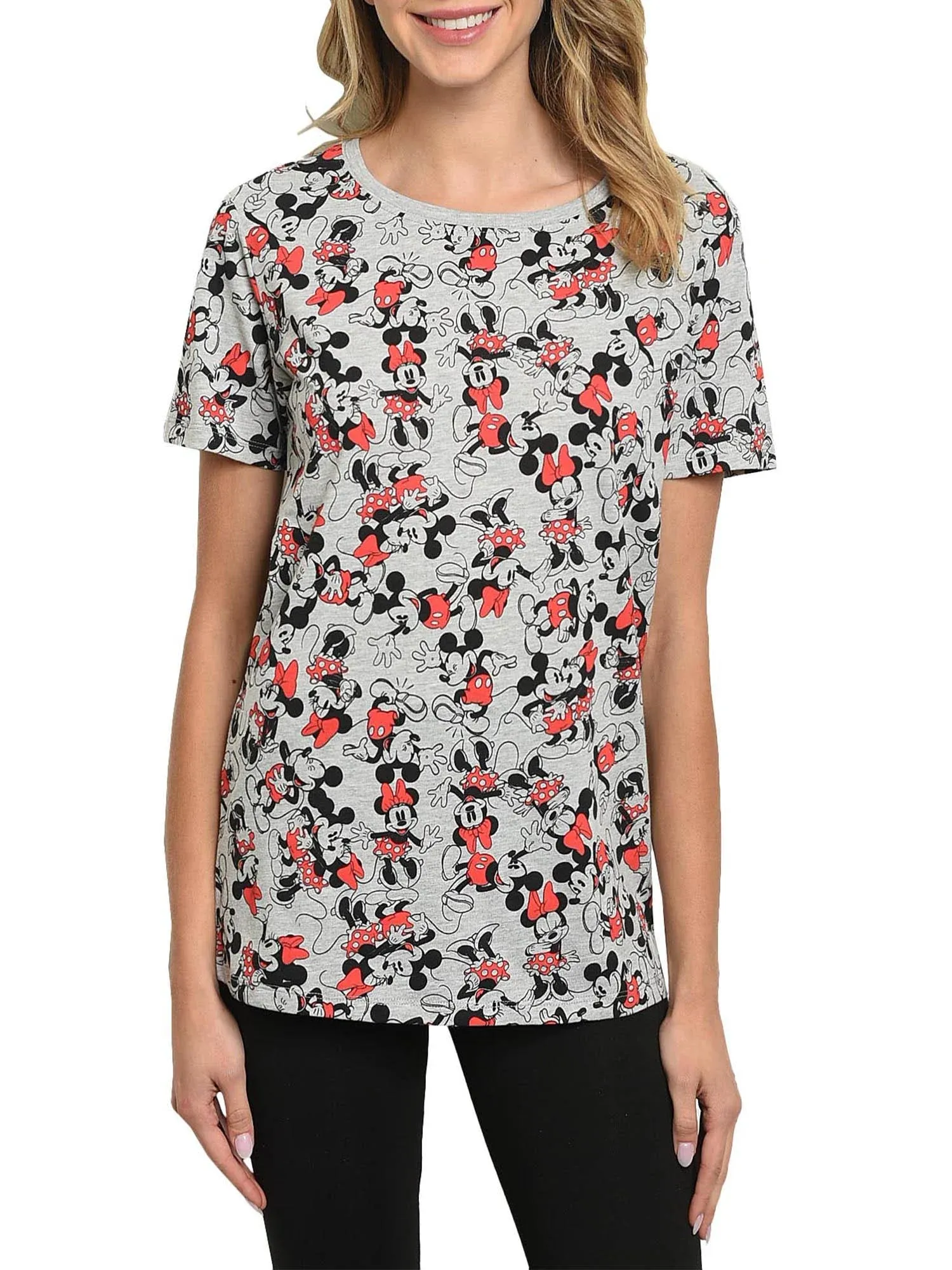 New Women&#x27;s Mickey &amp; Minnie Mouse T-Shirt All Over Print Short Sleeve Gray