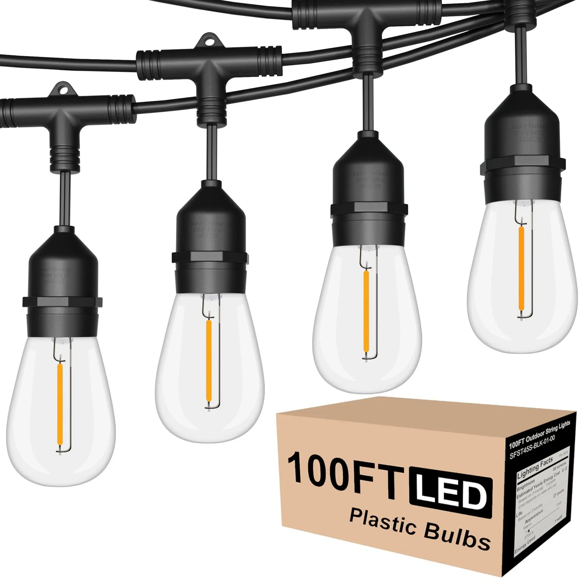 Outdoor String Lights LED 100ft Commercial Grade Heavy Duty S14, Black