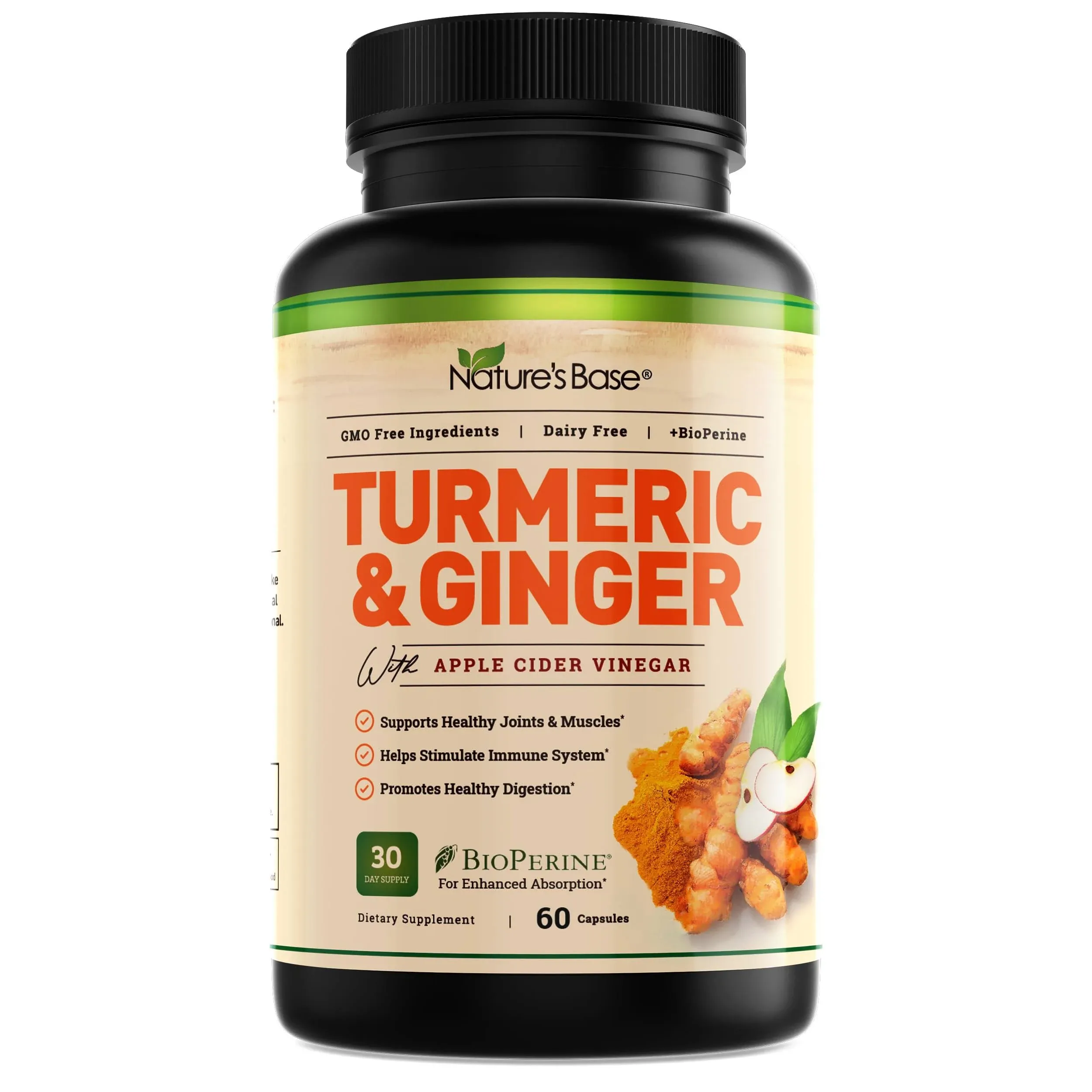 Turmeric and Ginger Supplement - Tumeric Curcumin Joint Support Pills - with Apple Cider Vinegar & Bioperine Black Pepper - 95% Curcuminoids - 60